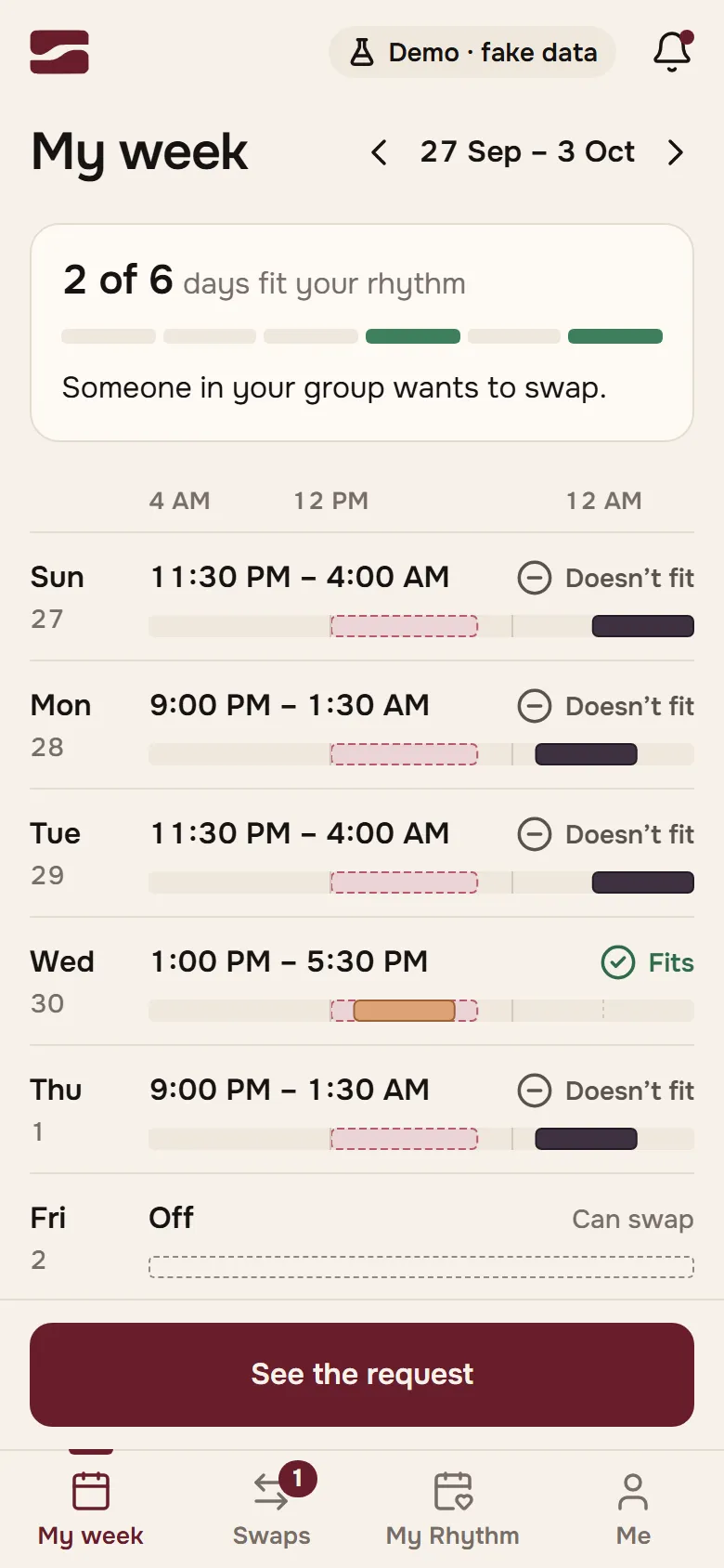 Swaplane's My week screen in the demo: a week of shifts, each marked by whether it fits the person's usual rhythm.